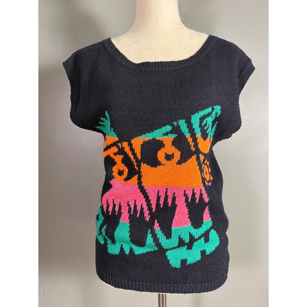 Vintage 90s Sergio Valente Knit Top‎ Women M Neon Abstract Aztec Bold Art Chunky